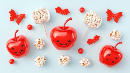 Colorful and playful arrangement of red apples and popcorn snacks with creative designs, perfect for festive occasions.