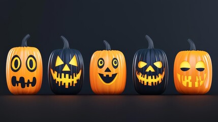 Five uniquely carved Halloween pumpkins with various spooky expressions on a dark background.