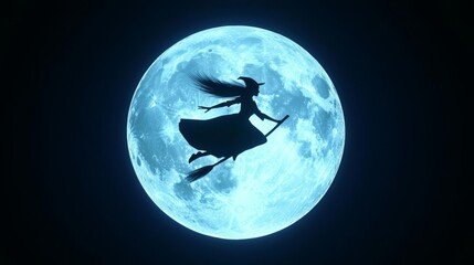 A silhouette of a witch flying on a broomstick against a full moon backdrop, evoking mystery and magic.