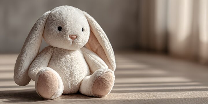 A soft white bunny doll sitting quietly on a light wooden floor, bathed in gentle natural light. Minimalist and heartwarming, perfect for themes of childhood, love, or simple joy.