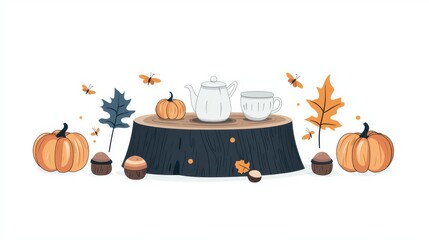 A cozy fall setup featuring pumpkins and teapots on a tree stump, evokes autumn's warm spirit.