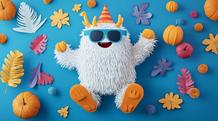 Colorful and playful creature enjoying a vibrant celebration with leaves and pumpkins in a festive setting.