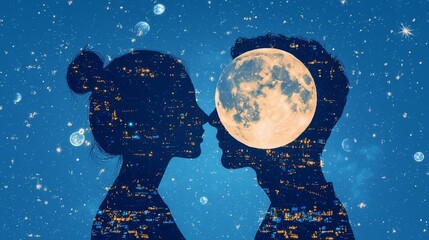 A serene silhouette of a couple against a starry night, capturing love under the glowing moon and city lights.