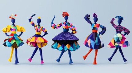 Colorful paper figures showcase unique fashion styles in a vibrant display of artistry and creativity.