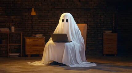 A playful ghost using a laptop in a cozy room, representing modern technology blending with traditional lore.