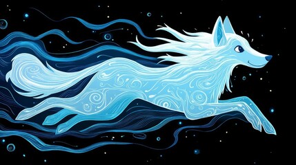 A mystical blue wolf leaps gracefully through a cosmic landscape filled with swirling energies.