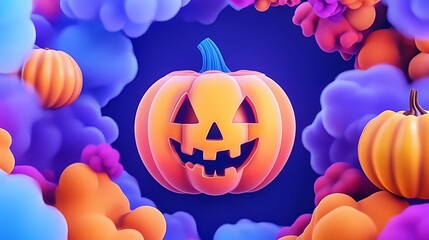 Bright and colorful Halloween pumpkins surrounded by vibrant clouds, creating a festive atmosphere.