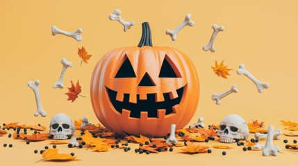 A festive Halloween scene featuring a carved pumpkin, skulls, and autumn leaves against a bright backdrop.