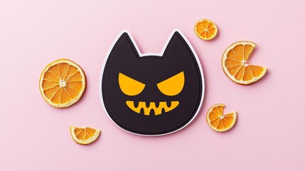 A playful Halloween-themed cat face design set against orange slices on a pastel pink background.