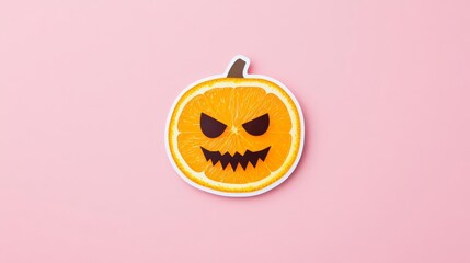A playful, spooky pumpkin illustration with a mischievous expression on a pink background, perfect for Halloween.