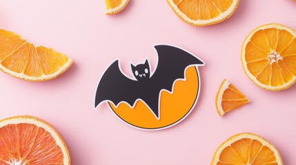 Colorful illustration featuring a bat and orange slices, perfect for seasonal fun and festive themes.