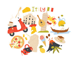 Travel to Italy, Italian vintage landmarks and culture labels. Famous food and drink, Pisa tower and volcano of Sicily, gondola and mask of Venice, gelato and olive oil cartoon vector illustration © Flash Vector