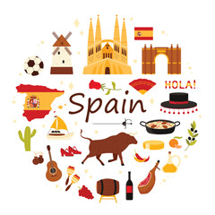Spanish culture elements and architecture, famous food of Spain in round infographic banner. Flamenco dancer shoes and fan, bull and bullfighter hat, soccer ball and paella cartoon vector illustration © Flash Vector