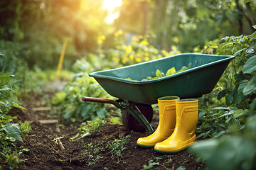 Yellow rain boots and a green wheelbarrow in a garden