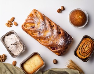 cake and bakery flat lay on white background