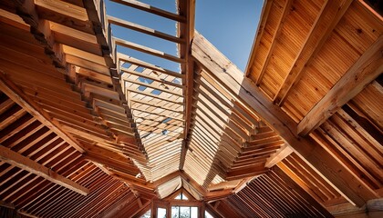 construction of wooden roof beams showcasing intricate design and shadows