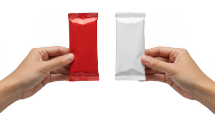 Hands Holding Red and White Foil Sachets — Realistic Packaging Mockup for Food, Coffee, or Cosmetic Products, Isolated on Transparent Background PNG