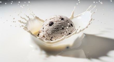 Fototapeta premium Delicious ice cream splashing in a creamy milk bath, showcasing a refreshing dessert moment.