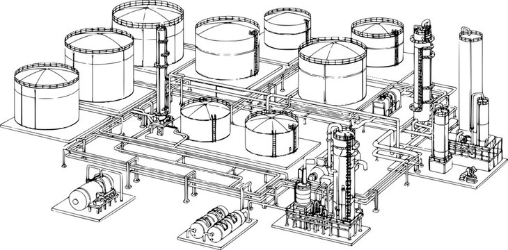 Industrial oil refinery sketch with tanks and pipes, schematic line art, isolated on white.
