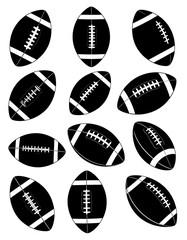 Black and white American footballs, various angles
