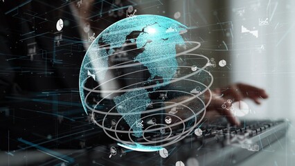 A captivating digital globe graphic emerges above a keyboard, symbolizing global data connectivity and modern technology trends in a dynamic business landscape. Xenic
