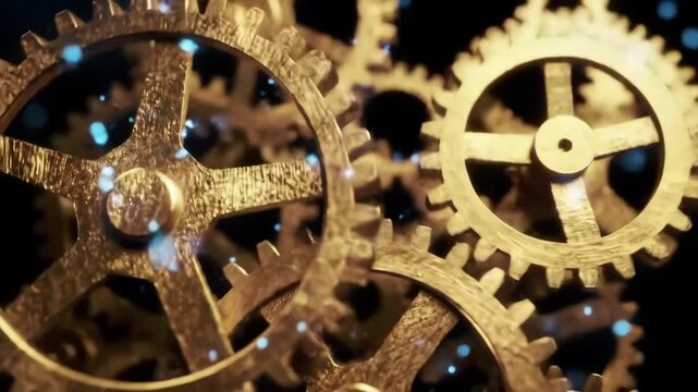 Close-up golden gears rotating with blue particles, symbolizing mechanics and design. Possible for tech or engineering visuals