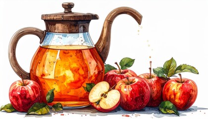 Watercolor Illustration of Teapot with Apple Juice and Ripe Red Apples