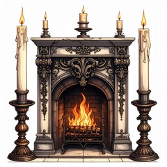 Ornate Fireplace with Burning Fire and Lit Candles on White Background