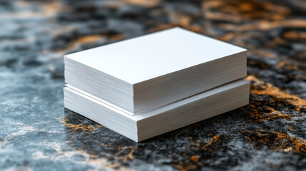 Blank business cards stacked on a dark textured surface with reflections and warm lighting in an indoor setting