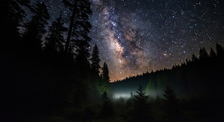 Stunning milky way illuminates peaceful forest night, creating a serene and magical landscape perfect for travel, adventure, or nature themes