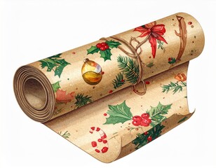 Rolled Holiday Paper with Red Bow and Holly Berries for Festive Gift Wrapping on White Background