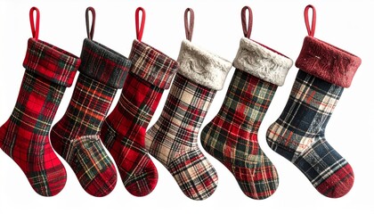 Row of Six Plaid Christmas Stockings with Red and White Accents on White Background