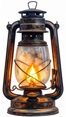 Antique Rusty Kerosene Lantern with Glowing Flame on White Background Lighting Equipment