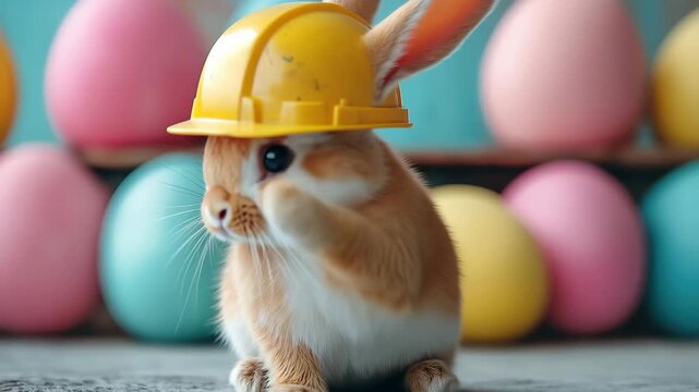 Construction bunny sits among easter eggs, wearing a yellow hard hat