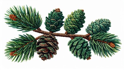 Detailed Illustration of Pine Branch with Cones on White Background