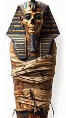 Detailed golden sarcophagus statue with blue accents against a white background close up