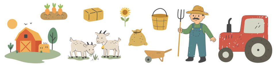 Set of farm objects including farmer with hat, tractor, barn, animals, vegetables and tools in flat cartoon style. Great for clipart and kids projects.