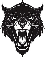 Black and white graphic of a ferocious feline head.  Powerful, roaring face, sharp teeth, intense eyes, outlined silhouette