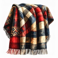 Patchwork Quilt in Red Blue Beige and Black Draped with Fringes Isolated on White Background