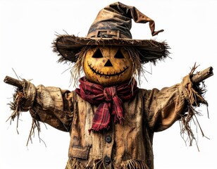 Festive Scarecrow with Burlap Outfit and Red Plaid Scarf on White Background