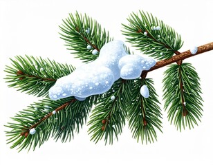 Detailed Illustrative Green Pine Branch with Snow Isolated on a White Background