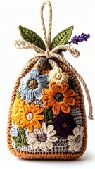 Handmade Crochet Pouch with Colorful Floral Appliqu?s Against White Background