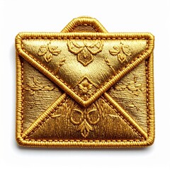 Gold Embroidered Envelope Patch with Intricate Floral Details on White Background