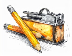 Vintage Pencil Sharpener with Yellow Pencils on White Background Illustration