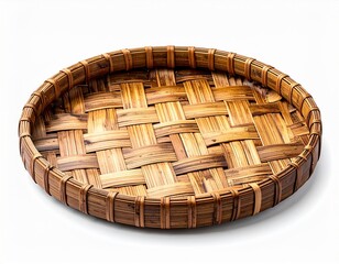 Woven Bamboo Tray Round Shape on White Background with Brown Tones