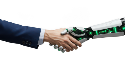 Human hand in a business suit shaking a robotic AI hand on white PNG background