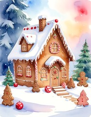 Watercolor gingerbread house in snowy forest (1)