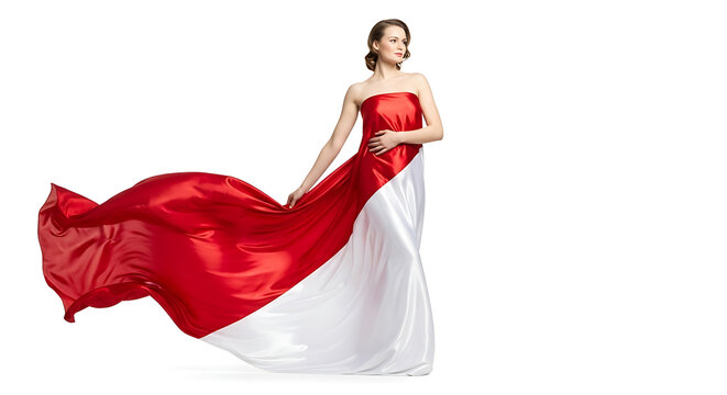 Austrian national day elegant woman in flowing red and white gown fashion photography studio shot beauty model dress style vogue