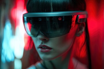 A woman wearing futuristic VR glasses, immersed in a vibrant, colorful world. Her expression hints at deep concentration as she interacts with virtual reality.