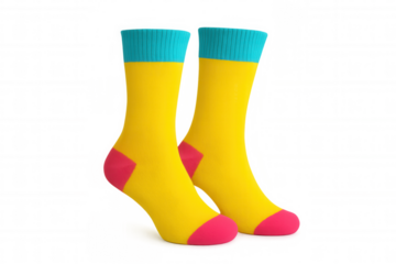 Pair of stand-up yellow socks featuring vibrant teal cuffs and hot pink toes and heels, representing fashion and clothing